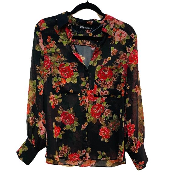 ZARA Black Floral Sheer Long Sleeve V-neck Shirt Sz M - Picture 1 of 8